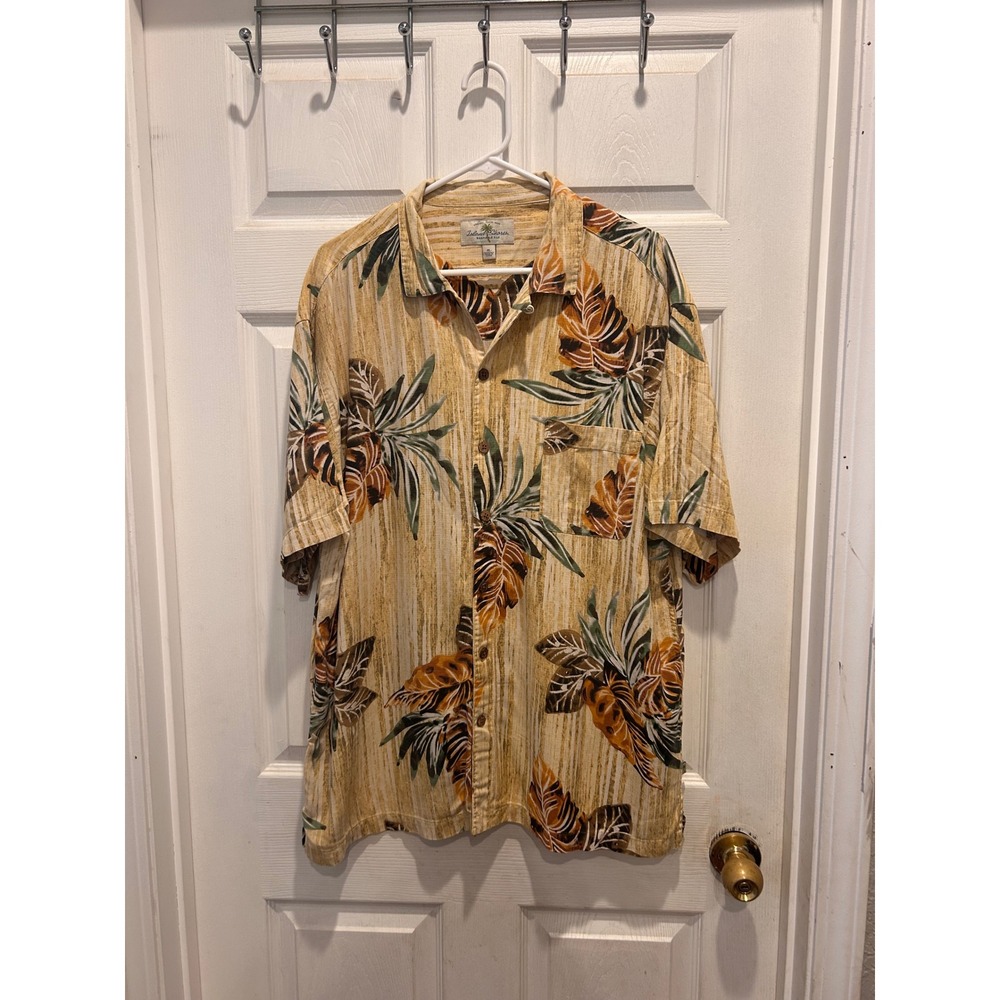 Island‎ Shores Mens XL Washable Silk Hawaiian Shirt Tropical Floral Tan Orange